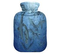 Mnsruu Hipster Elegante botella de agua caliente de delfines con cubierta de terciopelo, bolsa de agua caliente transparente de 2 l para calentador de manos, alivio del dolor, calambres de terapia de frío caliente