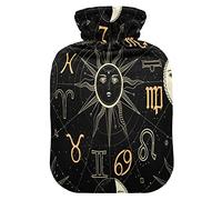 Mnsruu Horóscopo signo del zodíaco Sol Luna Estrella Botella de agua caliente con cubierta de terciopelo, bolsa de agua caliente transparente de 2L para manos calentador de pies, alivio del dolor, calambres terapias de frío caliente