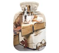 Mnsruu Libro de perro Bulldog Inglés Botella de agua caliente con cubierta de terciopelo, bolsa de agua caliente transparente de 2L para calentador de manos, alivio del dolor, calambres de terapia de frío caliente