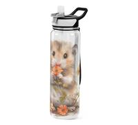 Mnsruu Little Hamster Flowers - Botella de agua de 907.2 g con tapa con popote, a prueba de fugas, Tritan sin BPA, botellas deportivas transparentes con correa de transporte, jarra de agua para niños