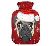 Mnsruu Merry Christmas Pug Dog Copo de nieve botella de agua caliente roja con cubierta de terciopelo, bolsa de agua caliente transparente de 2 l para calentador de manos, alivio del dolor, calambres de terapia de frío caliente