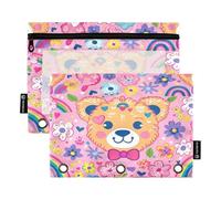 Mnsruu Precioso estuche para lápices de oso arcoíris para carpeta de 3 anillas, 2 estuches para lápices con cremallera, ventana transparente con cremallera, para suministros de oficina, multicolor