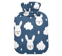 Mnsruu Rabbit Bunny Star Botella de agua caliente azul con cubierta de terciopelo, bolsa de agua caliente transparente de 2 l para calentador de manos, alivio del dolor, calambres de terapia de frío caliente