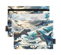 Mnsruu The Struggle Between Dinosaurs and Sharks on Beach - Estuche para lápices de 3 anillas, 2 estuches para lápices con cremallera, ventana transparente con cremallera para suministros de oficina