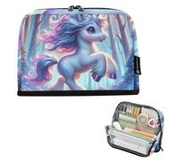 Mnsruu Un pequeño y lindo unicornio está saltando en un bosque mágico, estuche de gran capacidad para bolígrafos para niños y niñas, estuche multicapa para lápices, organizador de papelería para la
