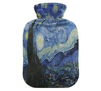 Mnsruu Van Gogh Botella de agua caliente de noche estrellada con cubierta de terciopelo, bolsa de agua caliente transparente de 1 l para aliviar el dolor de manos calambres de terapia de frío caliente