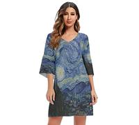 Mnsruu Van Gogh Starry Night - Minivestido casual de gasa para mujer, manga 3/4, cuello en V, multicolor, S-M