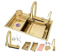 MNUPUOL Fregadero Cocina Fregadero Simple Flying Rain Waterfall 304 Fregadero De Cocina De Acero Inoxidable Con Grifería Extraíble Digital Multifunción Y Diversos Accesorios,Oro,75 * 45cm