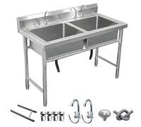 MNUPUOL Fregadero Comercial De Doble Tazón, Fregadero De Acero Inoxidable Para Garaje Con 2 Grifos De Agua Caliente Y Fría Para Restaurantes, Hospitales, Tiendas,Exteriores.,120 * 60 * 80cm