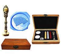 MNYR Direwolf Wolf Caja de madera de lujo bronce Metal pavo real invitaciones boda tarjetas regalo papel inmóvil sellos de papel sello de cera palos de cera fusión cuchara de madera caja de regalo Kit