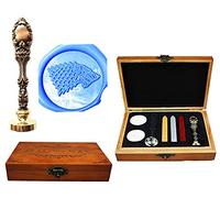 MNYR Direwolf Wolf - Caja de madera de lujo con diseño de pavo real de metal dorado, invitaciones de boda, tarjetas de regalo de papel, sellos de cera, sello personalizado con sello de cera para