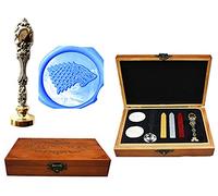 MNYR Direwolf Wolf - Caja de madera de lujo con diseño de pavo real de metal plateado para invitaciones de boda, tarjetas de regalo de papel, sellos de cera, sello personalizado