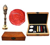 MNYR Fancy Wolf Caja de madera de lujo de bronce de metal pavo real invitaciones de boda tarjetas de regalo de papel estático, sellos personalizados con sello de cera, cuchara de fusión de madera