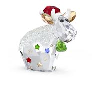 Swarovski Mo Fiestas Edición Anual 2025, Figura Mo la Vaca con 404 facetas, Crystal Rocks, Cascabel Verde, Gorro Rojo de Papá Noel y Las Orejas Van con el Efecto Golden Shadow, Multicolor