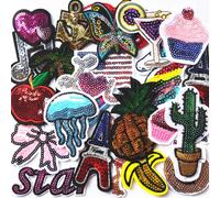 Mo Sheng Accesorio 24 Piezas Parches de Lentejuelas Patrones de Mezcla de Bordado Apliques para Planchar/Coser para Ropa Mochilas Camisetas Jeans