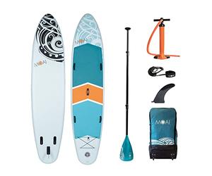 MOAI SUP Stand Up Paddle Board de 12'4 pulgadas, para dos personas, paquete premium que incluye remo de fibra de vidrio, bolsa, bomba y aleta inflable