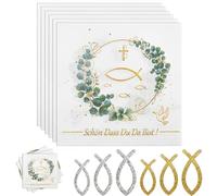 MOAZIFI 40 servilletas con texto en alemán "Schön, dass du da bist!" y 60 unidades de decoración de pescado de madera, servilletas para comunión, bautizo, confirmación, bautizo, comunión, confirmación