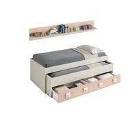 Cama nido doble SIN somier con 2 cajones y estante Blanco Alpes y Rosa, NUBE