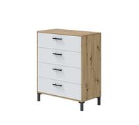 Mobelcenter, Cómoda 4 Cajones Velvet, Cómoda Dormitorio Matrimonio Color Roble Nodi y Blanco Artik, Medidas: Ancho: 77,5 cm x Fondo: 40 cm x Alto: 94 cm (1519)