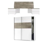 Mobelcenter, Conjunto Dormitorio Aikos, Color Roble Canadian y Blanco Artik, Cabezal para Camas de 135 y 150 cm, 2 Mesitas de 2 cajones, Armario 2 Puertas Correderas (P0080)