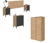 Mobelcenter, Conjunto Dormitorio Matrimonio Enzo, Color Roble Nodi y Grafito, Cabezal para Camas de 135 y 150 cm, 2 Mesitas de 3 cajones, Armario 2 Puertas Correderas y Cómoda de 4 cajones (P0076)