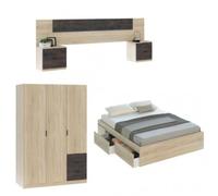 Mobelcenter, Conjunto Dormitorio Matrimonio Oxido, Color Roble Canadian y Oxido, Cabezal para Camas de 135 y 150 cm, 2 Mesitas de 3 cajones, Armario 3 Puertas 3 Cajones y Cama con 4 cajones (P0021)