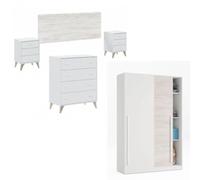 Mobelcenter, Conjunto Dormitorio Sweet, Color Blanco Artik y Blanco Velho, Cabezal para Camas de 135 y 150 cm, 2 Mesitas de 3 cajones, Armario 2 Puertas Correderas y Cómoda de 4 cajones (P0077)