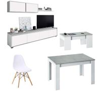 Mobelcenter, Conjunto Salón Cemento, Incluye Mueble y Mesa de Salón, Mesa de Centro y 4 Sillas, Acabado Color Blanco Artik y Cemento (P0018)