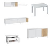 Mobelcenter, Conjunto Salón Ethna, Incluye Mueble y Mesa de Salón Extensible, Mesa de Centro Elevable y Aparador, Acabado Color Blanco Artik y Natur (P0083)