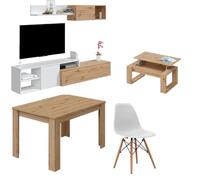 Mobelcenter, Conjunto Salón Julia Nodi, Incluye Mueble y Mesa de Salón, Mesa de Centro y 4 Sillas, Acabado Color Blanco Artik, Roble Nodi y Blanco (P0049)