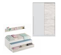 Mobelcenter, Dormitorio Juvenil Elliot, Conjunto Dormitorio Infantil Juvenil Color Blanco Artik y Blanco Velho, Cama Nido con Cajón y Armario 2 Puertas con Barra de Colgar y 4 estantes (P0055)