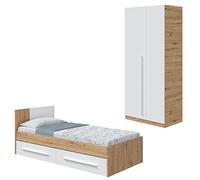 Mobelcenter, Dormitorio Juvenil Noa, Conjunto Dormitorio Infantil Juvenil Color Roble Nodi Blanco Artik, Cama con 2 cajones y Armario 2 Puertas con Barra de Colgar y 3 estantes (1325, 1326)