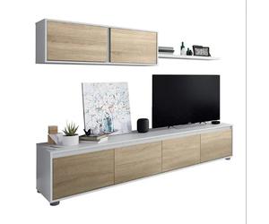 MOBELCENTER - Mueble salón Moderno Alida, Módulo TV, Módulo Superior y Estante - Blanco Artik y Roble Canadian - An: 200cm x Al: 43cm x F: cm (0903)