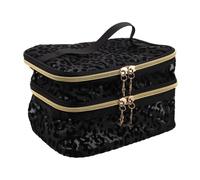 Mobestech Bolsa de Aseo con Malla Doble Organizador Cosmético Multi Compartimentos Neceser Pequeño para Maquillaje y Viaje Portátil para Mujer Diseño Negro con Estampado Leopardo