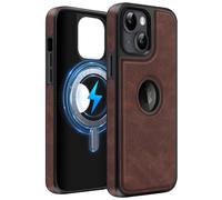 MOBESV Funda de Cuero con Vista del Logotipo para iPhone 14 6,1 Pulgadas, Funda Magnética para MagSafe, Cover Fina Clásica y Elegante, Marrón Oscuro