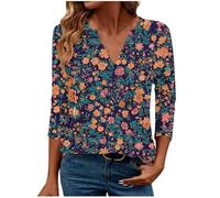 Mobeur Camisetas casuales de manga 3/4 para mujer, cuello en V, manga larga, blusas tipo túnica, ajuste holgado, estampado floral, manga tres cuartos, blusa básica de moda 2025, 006 y marrón, S