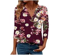 Mobeur Camisetas casuales de manga 3/4 para mujer, cuello en V, manga larga, blusas tipo túnica, ajuste holgado, estampado floral, manga tres cuartos, blusa básica de moda 2025, 017 y vino, XXL