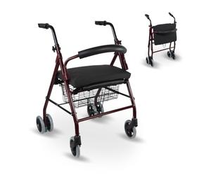Mobiclinic, Andador con cojín viscoelástico, Prado plus, Frenos por presión, Aluminio, Plegable, Cesta, Asiento, Para sillas y andadores, Ancianos, Ligero, 4 ruedas, Burdeos