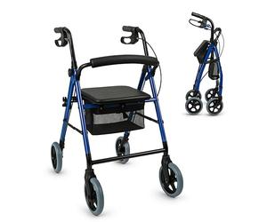 Mobiclinic®, Andador Plegable, Ligero, con Asiento y Cesta, Hércules, Frenos en Manetas, 4 Ruedas, Aluminio, Azul