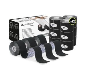 Mobiclinic, Kinesiotape, Mobitape, Venda Neuromuscular Adhesiva, Alivio dolor muscular, Elásticas, Impermeable, Vendaje kinesiológico, Apto para múltiples zonas, Rollo, 5x5cm, 12 Uds. Negro