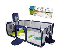 Mobiclinic®, Parque Infantil Bebé, Alfombra de Juegos Reversible, Plegable, 128x233 cm, Canasta y Red de Fútbol, 4 Agarraderas, Malla Transpirable, Corralito Bebé, Bolsa de Transporte, Kidland, Azul