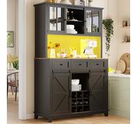 Mobile da cucina, credenza alta, vetrina, credenza con ripiani regolabili, credenza con illuminazione a LED, colori di luce variabili (105×38,4×180 cm),Black