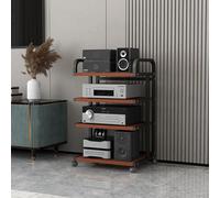Mobile HiFi - Soporte estéreo de 4 niveles con ruedas universales, soporte multimedia para tocadiscos, elegante acabado de madera, perfecto para entretenimiento en casa