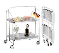 Mobile Storage - Carrito plegable para servir, cesta de almacenamiento de 2 niveles, cristal templado transparente con ruedas, plegable, para cocina, bar, carrito de vino, carrito de bebidas moderno