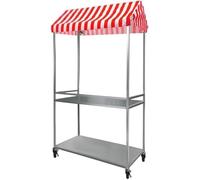 Mobile Street Food Cart con toldo a rayas, plegable, con ruedas bloqueables, carrito de hierro de 2 niveles para eventos, festivales y mercados de agricultores (rojo, 50 x 100 cm)