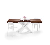 MOBILI FIVER, Mesa Extensible Emma 140(220) x90 cm, Color Nogal Canaletto con Patas Cruzadas Blancas, para 6-10 Personas, Mesa Extensible de Comedor, Mesa Cocina, Salon, Made In Italy