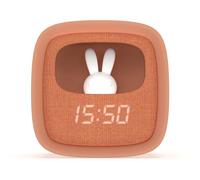 MOBILITY ON BOARD Mob - Billy Clock Reloj Despertador y luz Nocturna para niños - Motivo Conejo - Frente de Tela - Marco Suave al Tacto - Fecha, Hora y 3 ajustes de Alarma (Chocolate)