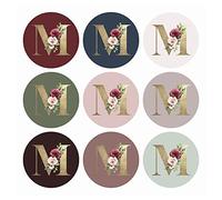 Mobiusea Creation Pegatinas de monograma | Lámina dorada | Sellos de sobres con inicial letra M | 9 surtidos de colores elegantes | Pegatinas de monograma de boda | 1.4 pulgadas | 90 calcomanías florales sobre sellos