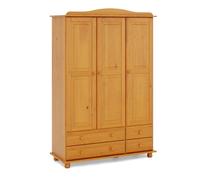 Moblit Armario Dormitorio Ropero 3 Puertas - Armario de Madera de Pino Macizo Natural con Barra y Estantes, Serie Canet, Gran Capacidad, Armario Dormitorio Moderno (197 cm Alto)