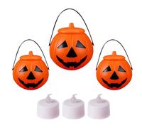 MOBUTOFU Linterna de Calabaza de Halloween Portátil de Plástico Naranja Tapa, Cubo para Dulces y Luz Decorativa para Ambiente Festivo y Colgar